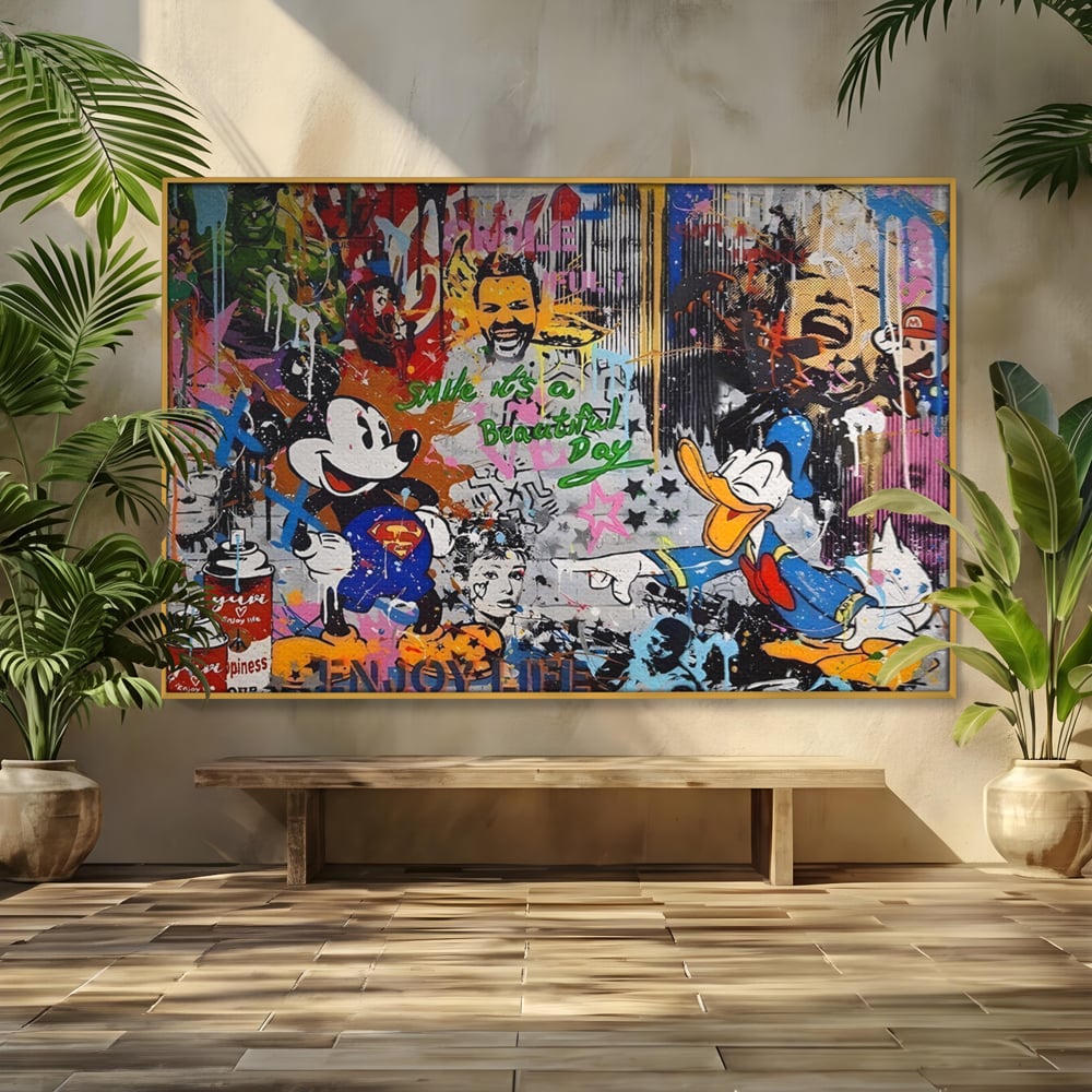 Tablou canvas cu tablou canvas cu graffiti si desene animate, in rama de aluminiu auriu